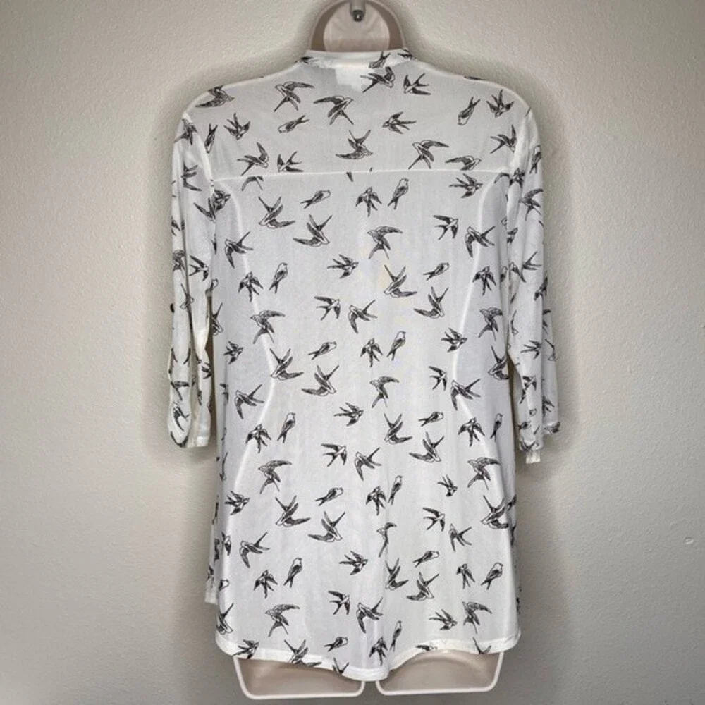 Siren Lily Bird Print Tie Neck Button Front Semi Sheer Cream Top Women Medium - Picture 6 of 13